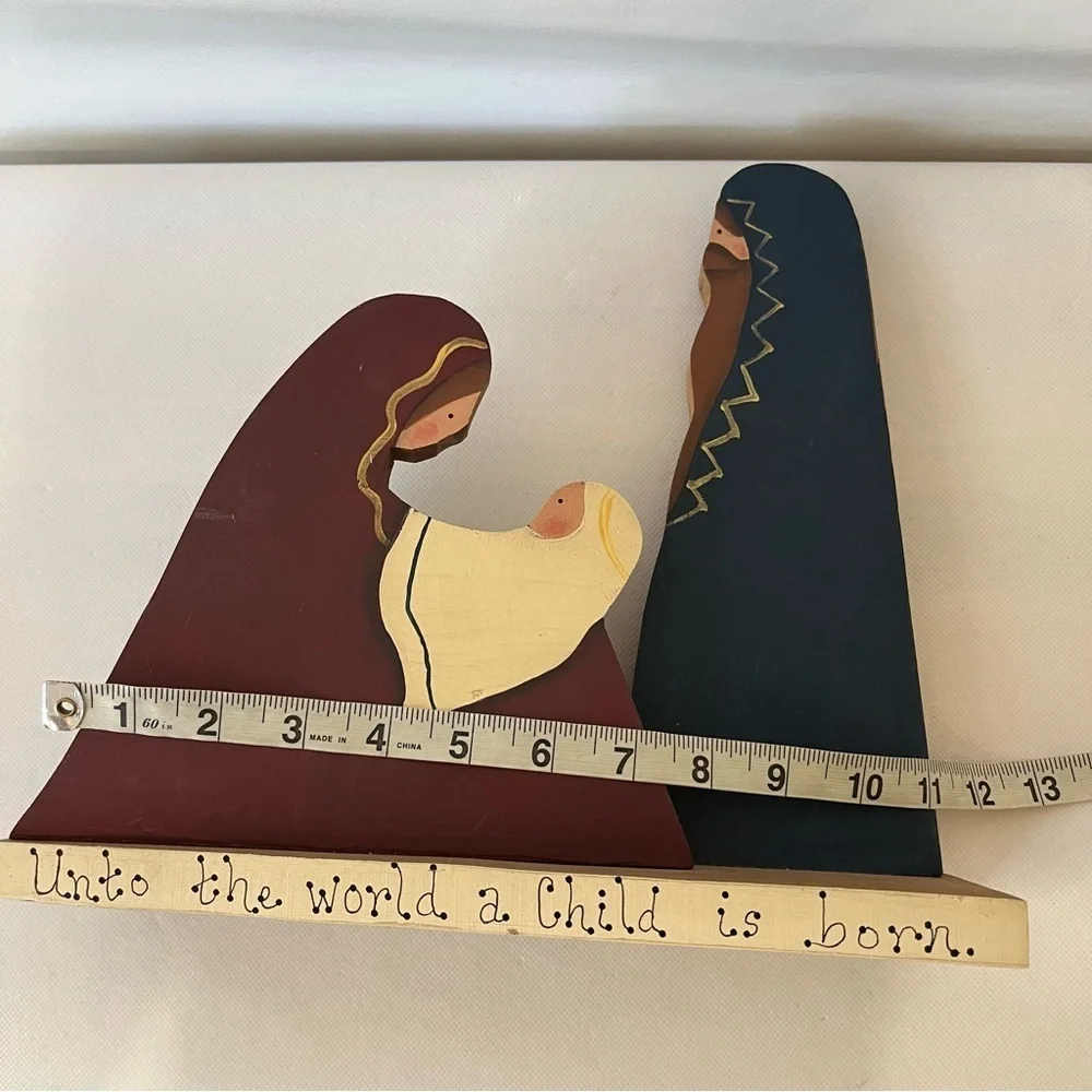 Vintage Handmade Wood Nativity Unto the World a Child is Born Painted Rustic